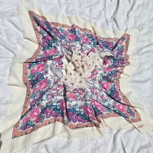 Souleiado Floral Design Scarf Fringe Edge Signed St Charles Demery Purple Pink